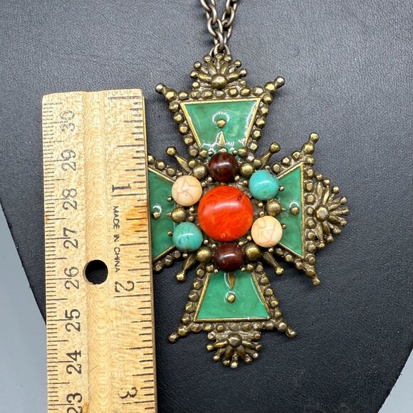 VTG Green Enamel Multicolor Beaded Cross Pendant Chain Long Necklace - Picture 4 of 8